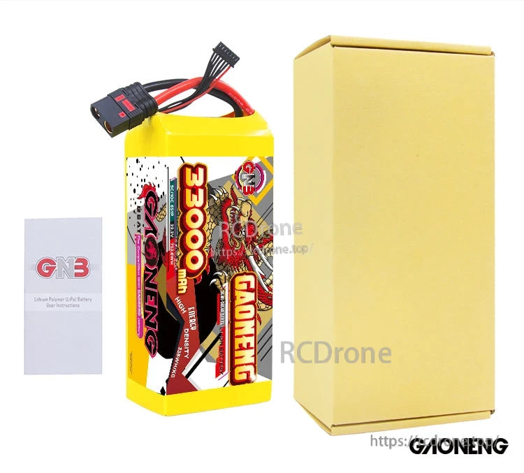 Package contents: GAONENG 33000mAh battery, plain cardboard box, and GNB instruction leaflet
