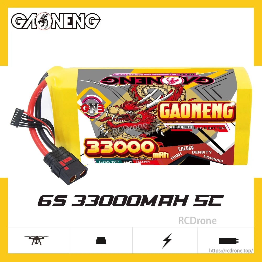 GAONENG 6S 33000mAh 5C battery side profile with QS8 connector and lead wires