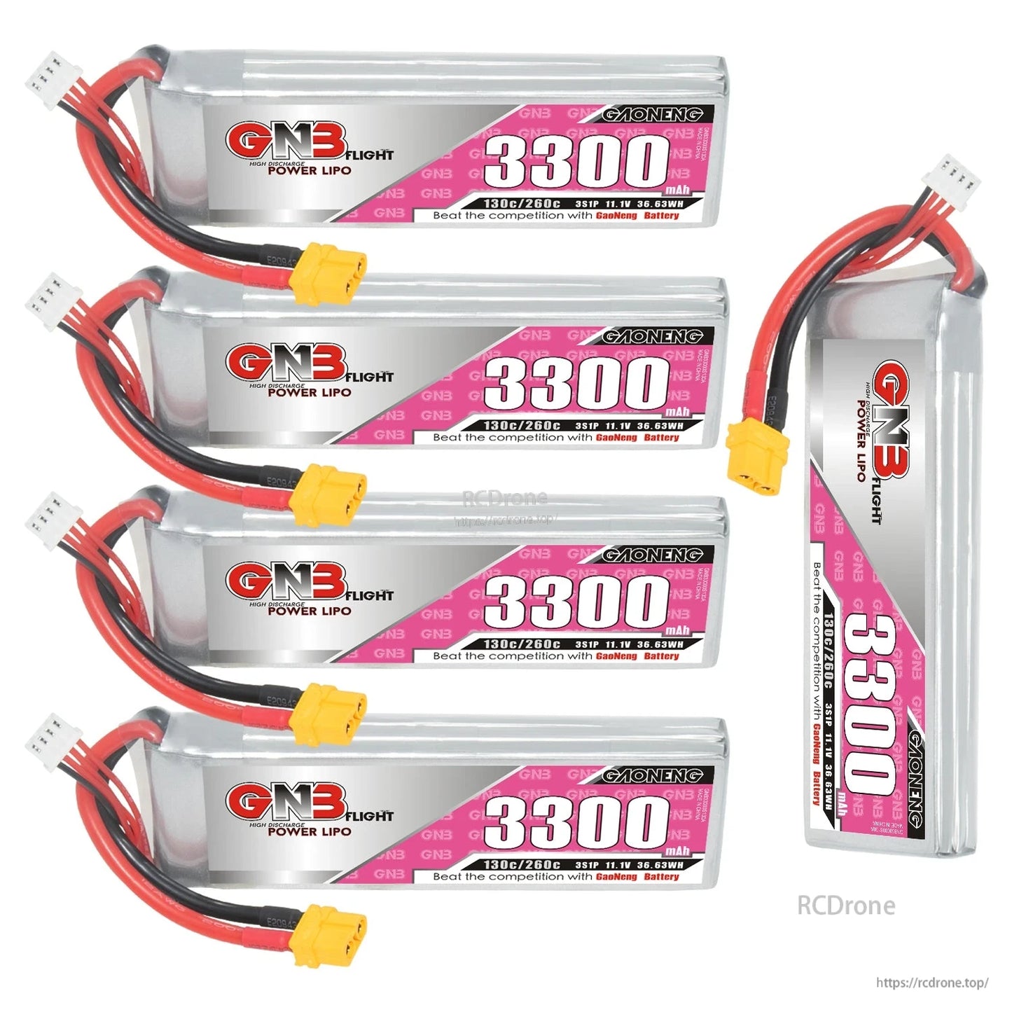 Five GNB 3300mAh LiPo batteries display, four horizontal and one standing upright