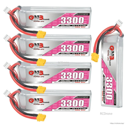 Five GNB 3300mAh LiPo batteries display, four horizontal and one standing upright