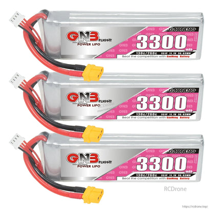 Three GAONENG GNB 3300mAh 3S LiPo batteries shown stacked, each with XT60 connector