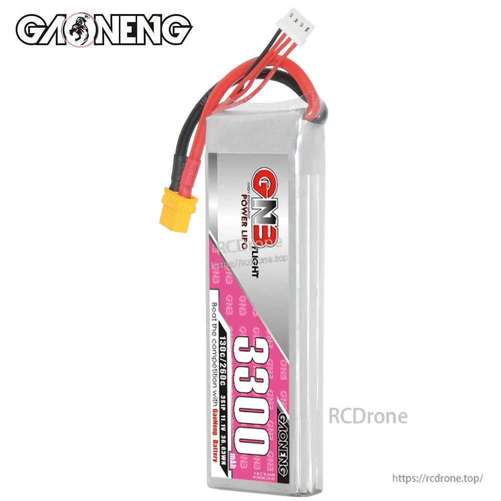 Side view of GAONENG GNB 3300mAh LiPo battery showing wiring exit and label orientation