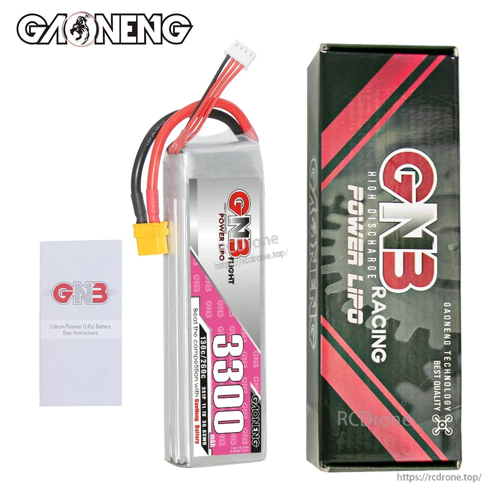 Package contents: GNB 3300mAh LiPo battery, branded retail box, and instruction leaflet