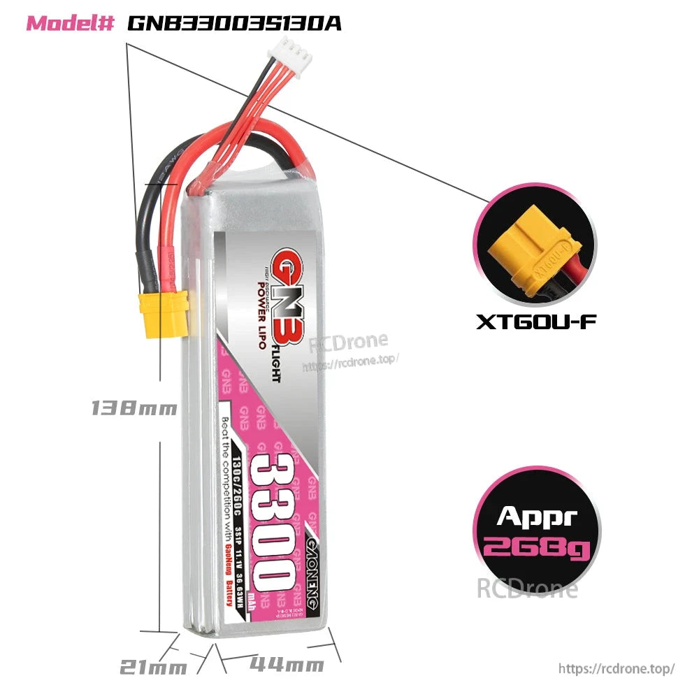 GNB33003S130A battery size chart with dimensions 138×44×21 mm and XT60U-F connector close-up