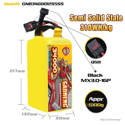 GNB3400012S5SS battery size chart with 217×132×90 mm dimensions and QS8 connector callout