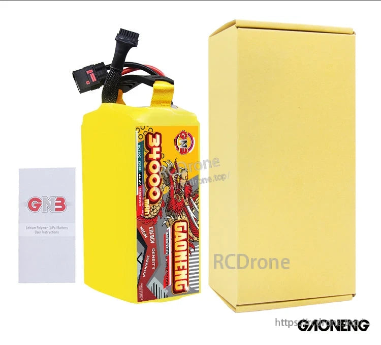 Package contents: GAONENG 34000mAh battery pack with cardboard box and GNB instruction leaflet