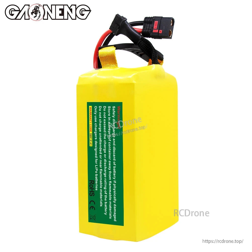 Rear/side view of GAONENG battery showing green safety label and RoHS marking