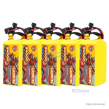 Five GAONENG 34000mAh battery packs lineup showing front label design and wiring