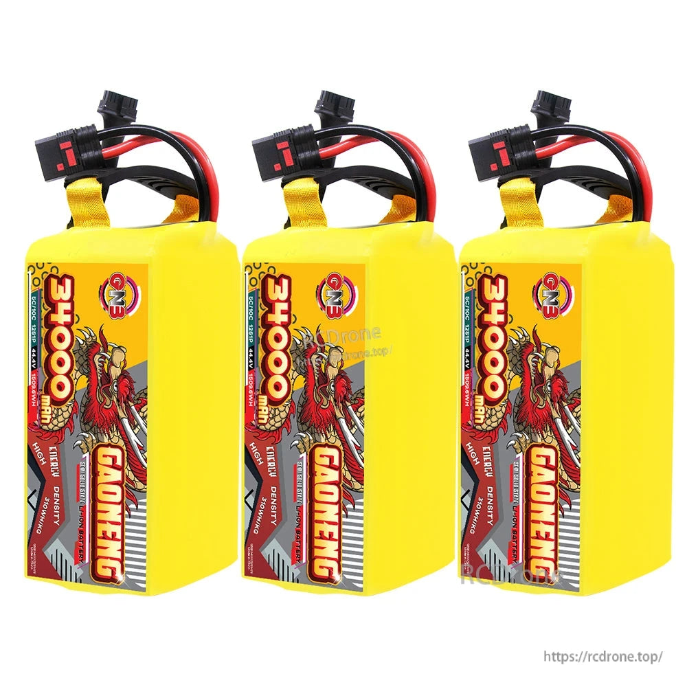 Three GAONENG 34000mAh 12S battery packs group photo with leads and top straps visible