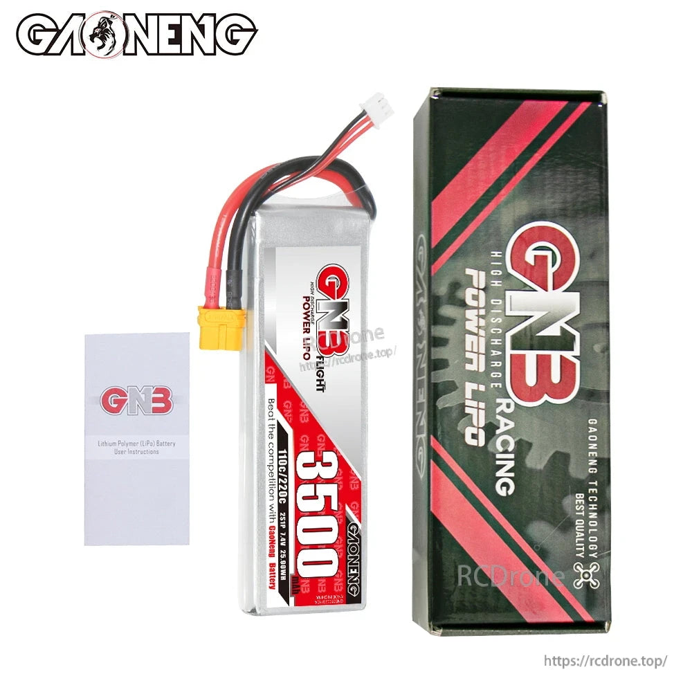 Package contents: GAONENG GNB 3500 LiPo battery, retail box, and small instruction card