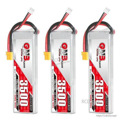 Three GNB 3500 LiPo battery packs lined up, each with XT60 connector and balance lead