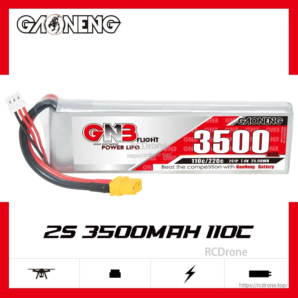 GAONENG GNB35002S110A 2S 3500mAh 110C LiPo battery product graphic with branding and specs