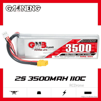 GAONENG GNB35002S110A 2S 3500mAh 110C LiPo battery product graphic with branding and specs