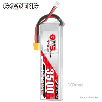 Front label view of GNB 3500 LiPo battery pack with red/black wires and XT60 connector