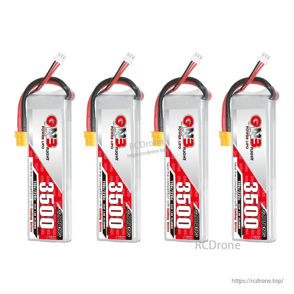 Four GNB 3500 LiPo battery packs shown in a row with wires and XT60 connectors