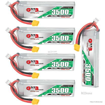 Four batteries plus one upright view showing thickness and wire orientation; XT60 plugs