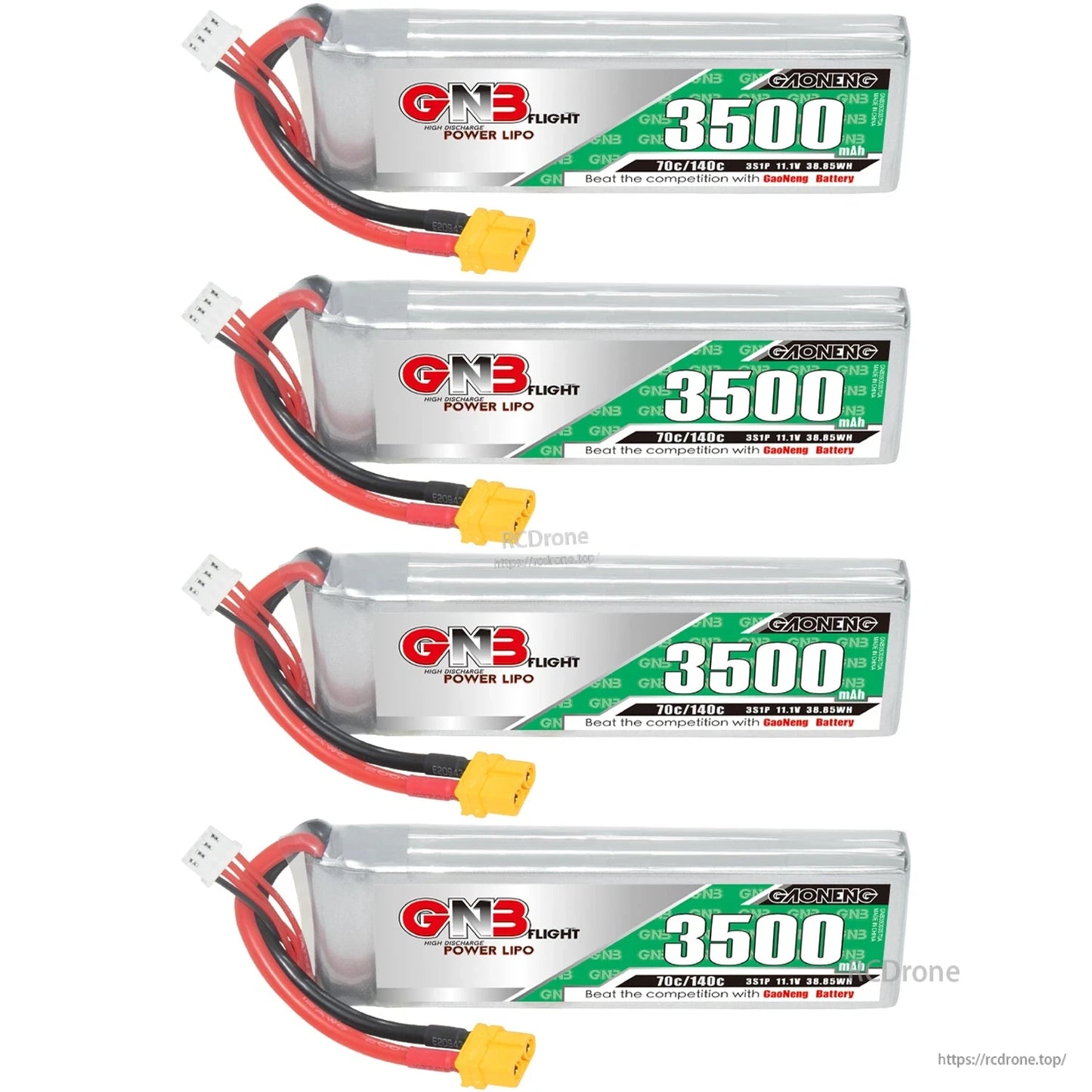 Four GNB 3500mAh LiPo batteries with XT60 connectors, stacked set view