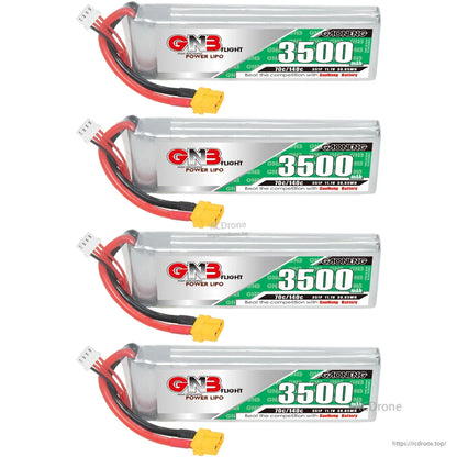Four GNB 3500mAh LiPo batteries with XT60 connectors, stacked set view