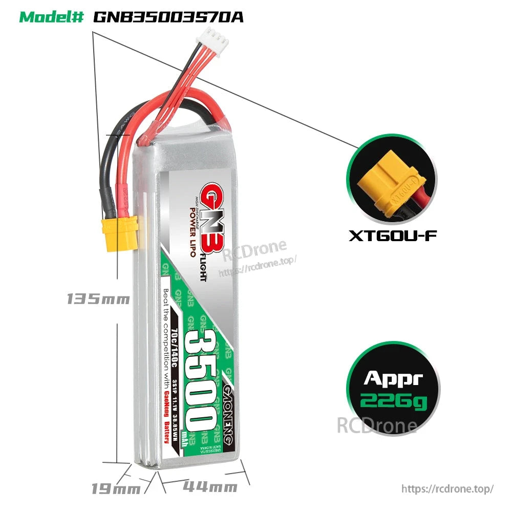 GNB35003S70A battery dimensions 135mm length, 44mm width, 19mm thickness; XT60U-F