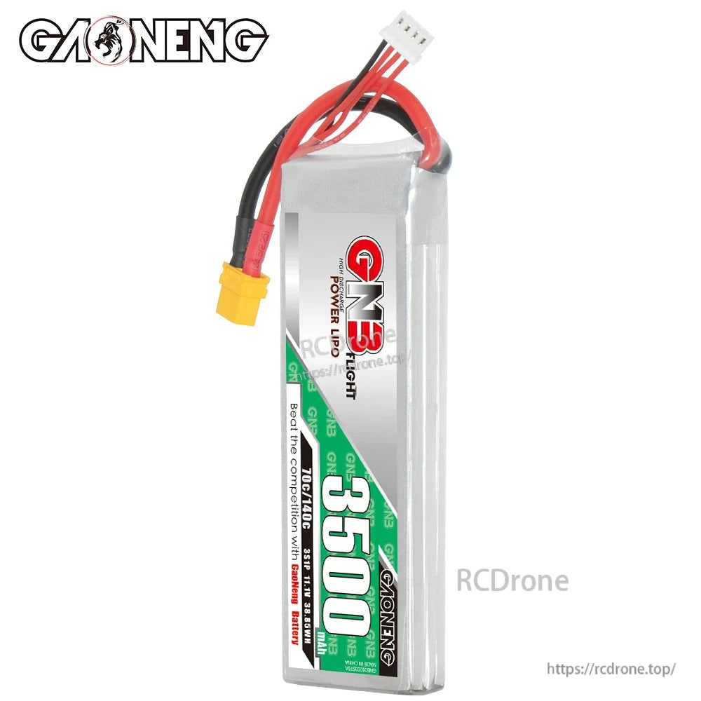 GAONENG GNB 3500mAh LiPo battery standing upright showing end and wire exit