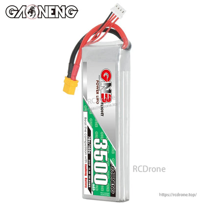 GAONENG GNB 3500mAh LiPo battery standing upright showing end and wire exit