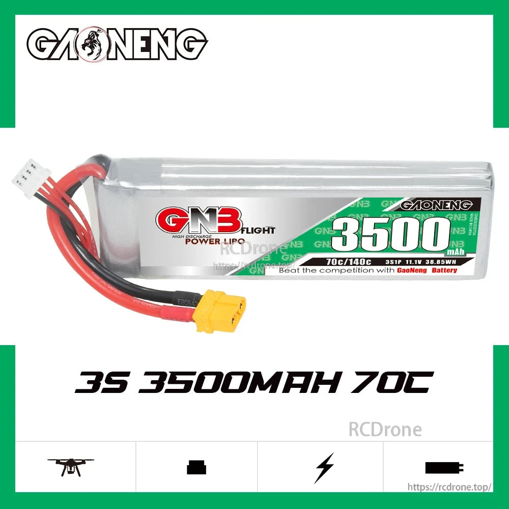 GAONENG GNB 3S 3500mAh 70C LiPo battery label graphic, XT60 plug visible