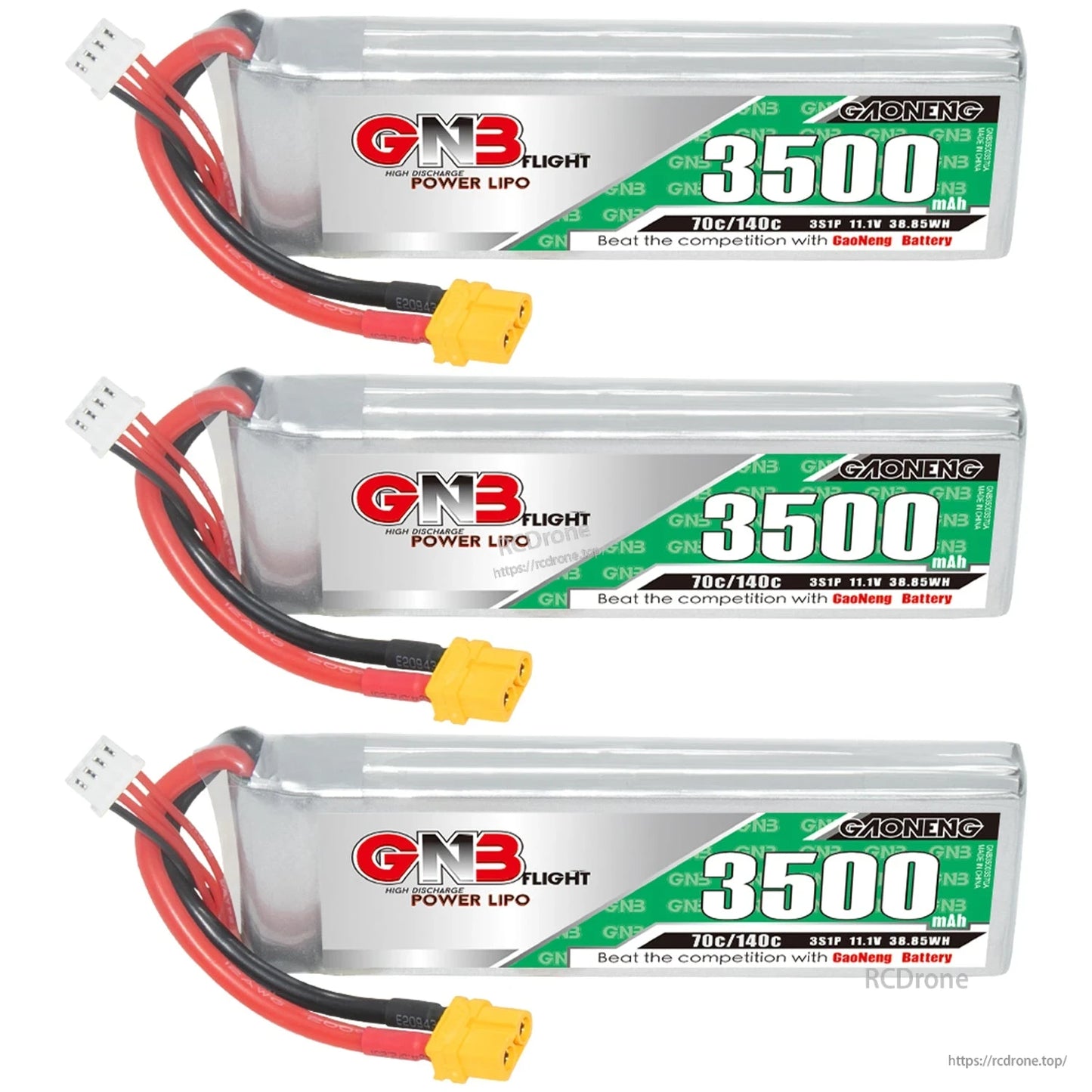 Three GAONENG GNB 3500mAh LiPo batteries with XT60 connectors shown in a row