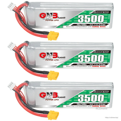 Three GAONENG GNB 3500mAh LiPo batteries with XT60 connectors shown in a row