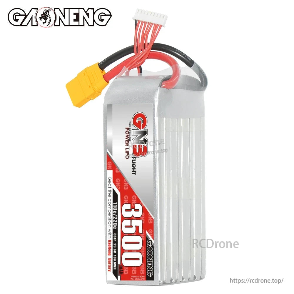 Front label view of GAONENG GNB 3500 LiPo pack in silver hard case with XT90 and balance plug
