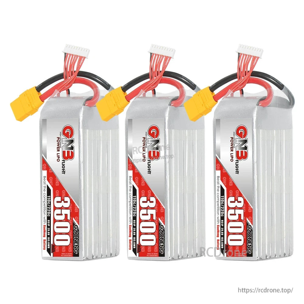 Three GAONENG GNB 3500 LiPo batteries grouped together, upright with XT90 leads visible