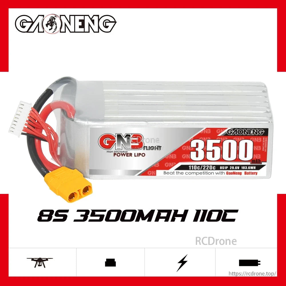 GAONENG GNB 8S 3500mAh 110C LiPo battery product graphic with XT90 lead and 8S text