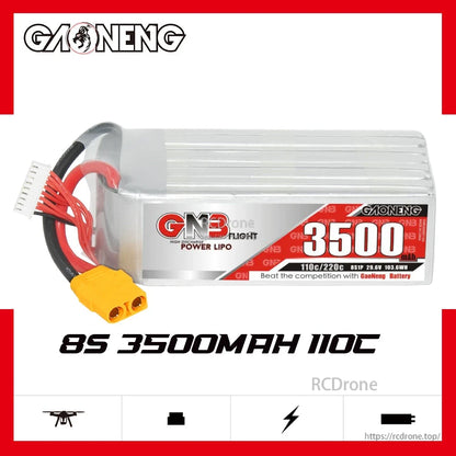 GAONENG GNB 8S 3500mAh 110C LiPo battery product graphic with XT90 lead and 8S text
