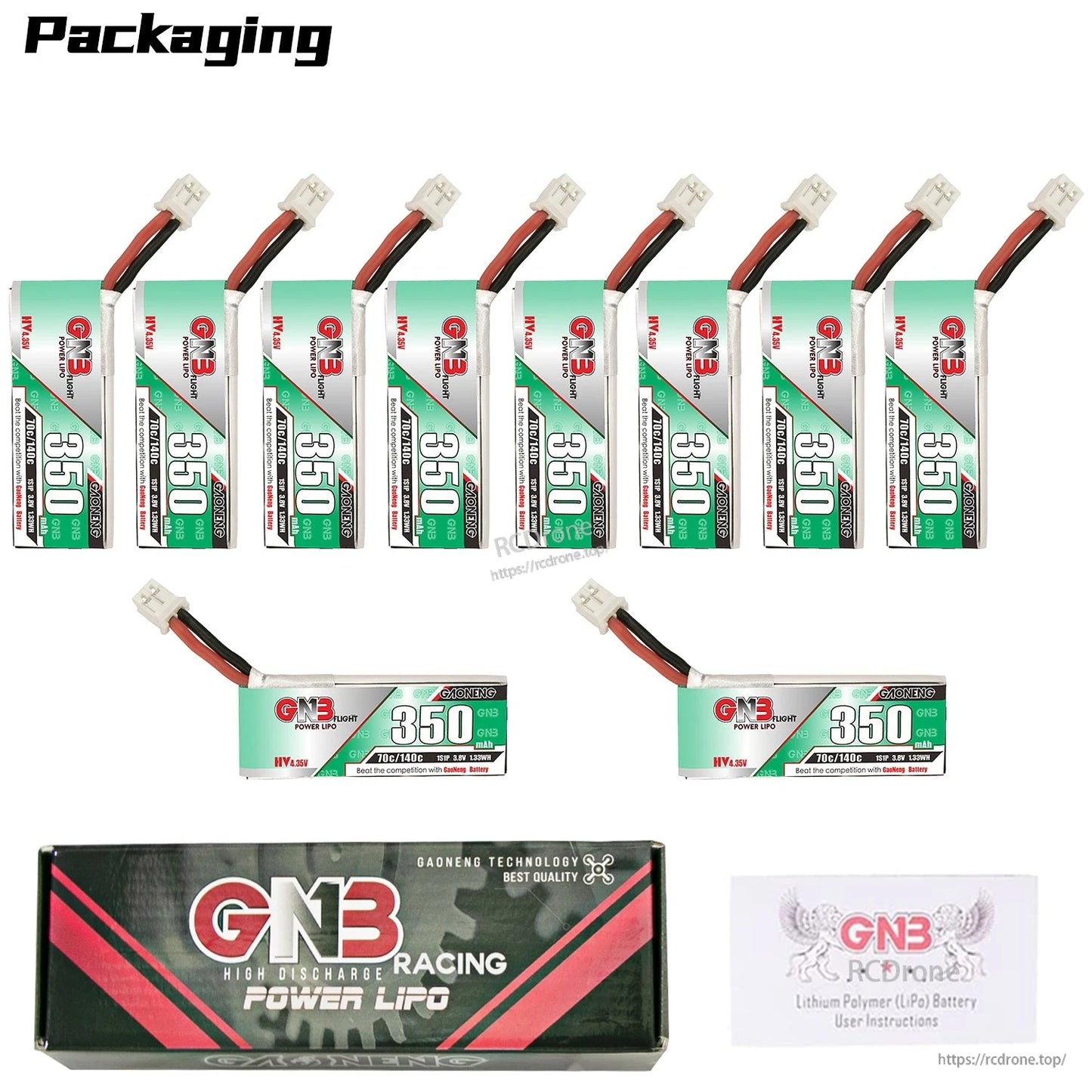 Large bundle packaging: multiple GNB 350 batteries, GNB Racing Power LiPo box, manual card