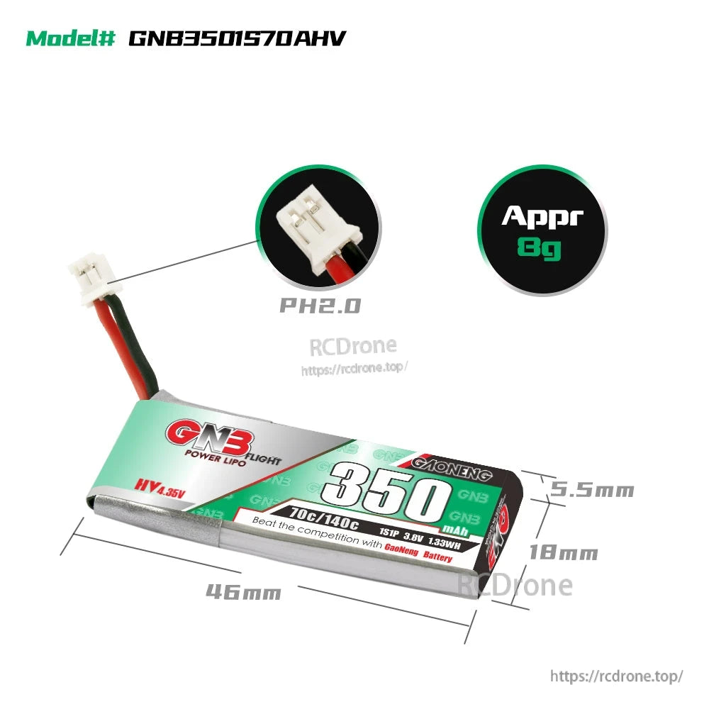 GNB3501S70AHV battery dimensions graphic with PH2.0 plug close-up and approx 8g weight