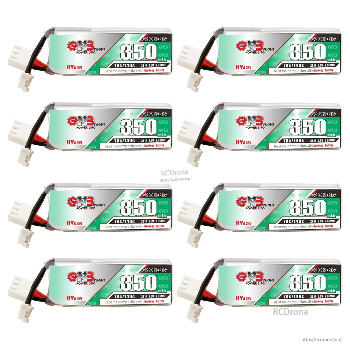 Eight GAONENG GNB 350mAh 2S LiHV batteries arranged in a grid, labels facing forward