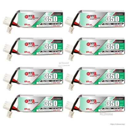 Eight GAONENG GNB 350mAh 2S LiHV batteries arranged in a grid, labels facing forward