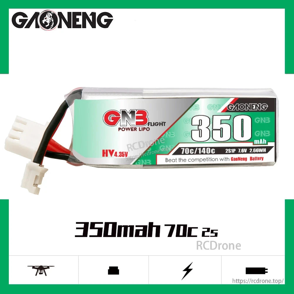 GAONENG GNB 350mAh 2S LiHV battery label showing 70C/140C and 7.6V (2S1P) specs