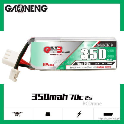 GAONENG GNB 350mAh 2S LiHV battery label showing 70C/140C and 7.6V (2S1P) specs