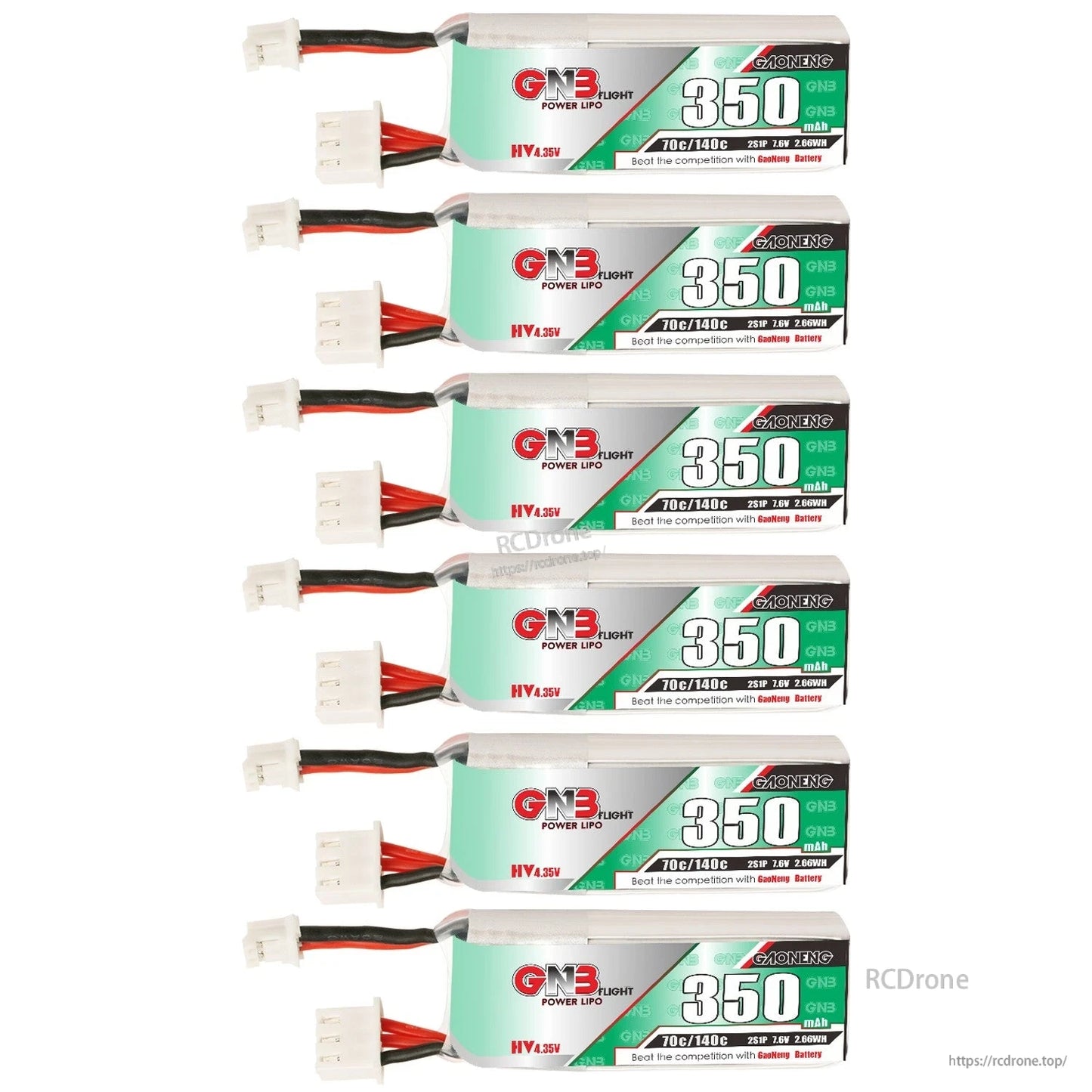 Six GNB 350mAh LiHV batteries stacked vertically, showing PH2.0 connectors and labels