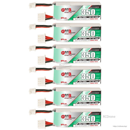 Six GNB 350mAh LiHV batteries stacked vertically, showing PH2.0 connectors and labels