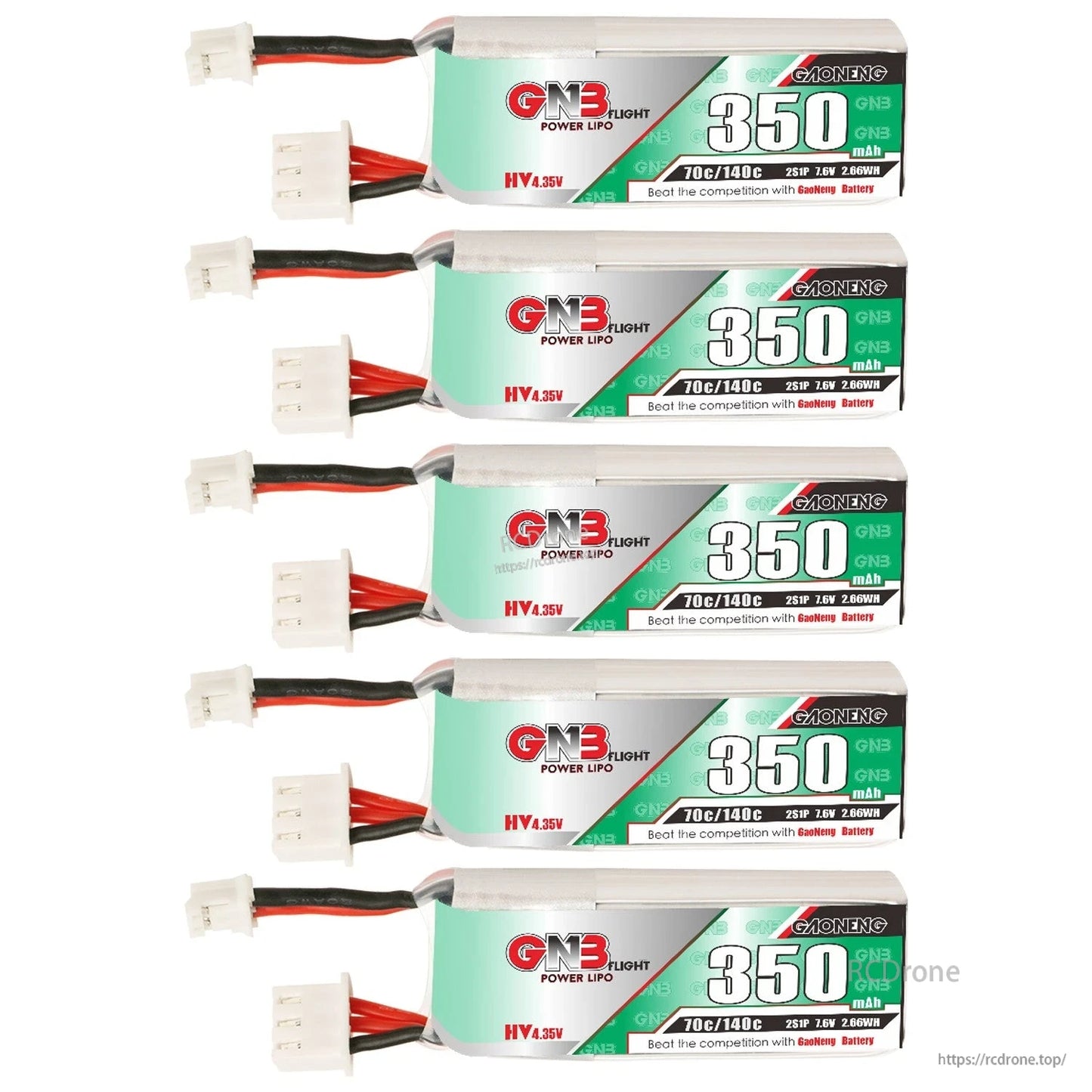 Five GAONENG 350mAh LiHV batteries aligned horizontally, connector ends on the left