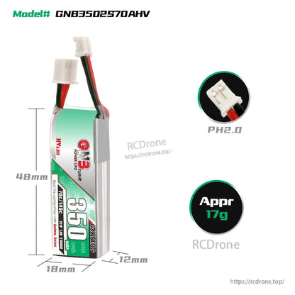 GNB3502S70AHV size and weight chart: 48×16×12mm, PH2.0 connector, approx 17g