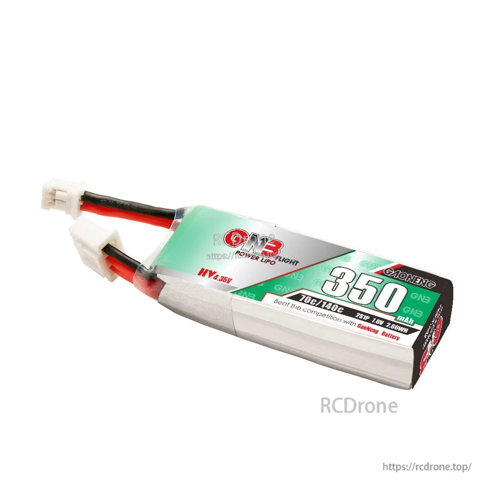 Angled side view of GNB 350mAh LiHV battery showing silver pouch wrap and wiring exit