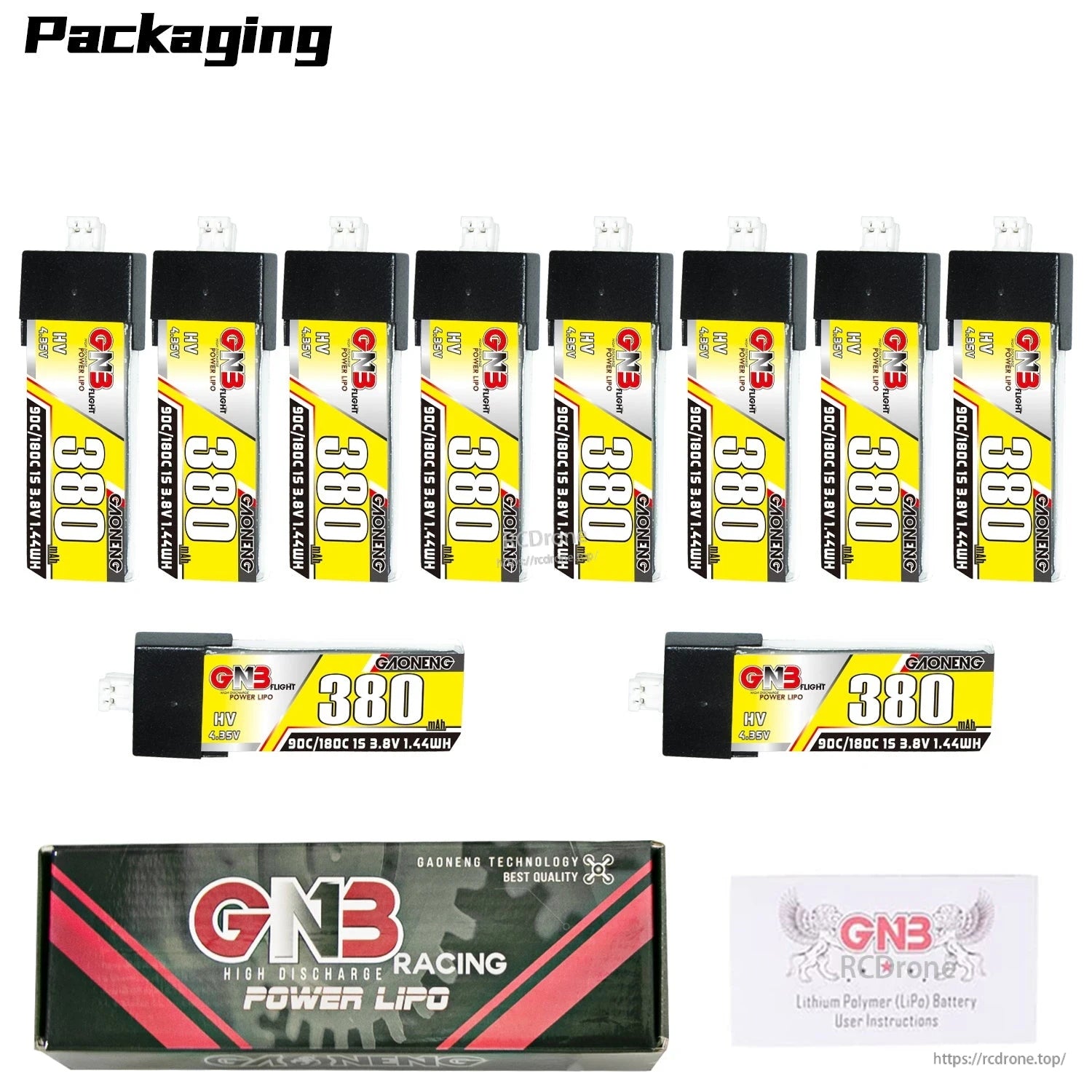 Packaging layout with multiple 380mAh HV 1S batteries plus two horizontal batteries, retail box, and insert
