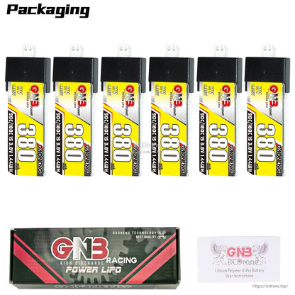 Packaging contents shown: six 380mAh HV 1S batteries with GNB Racing Power LiPo box and insert card
