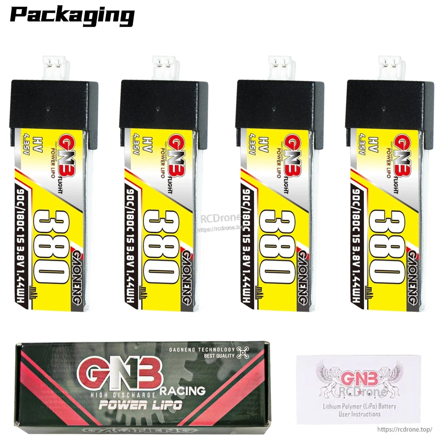 Packaging contents shown: four 380mAh HV 1S batteries, GNB Racing Power LiPo box, and insert card