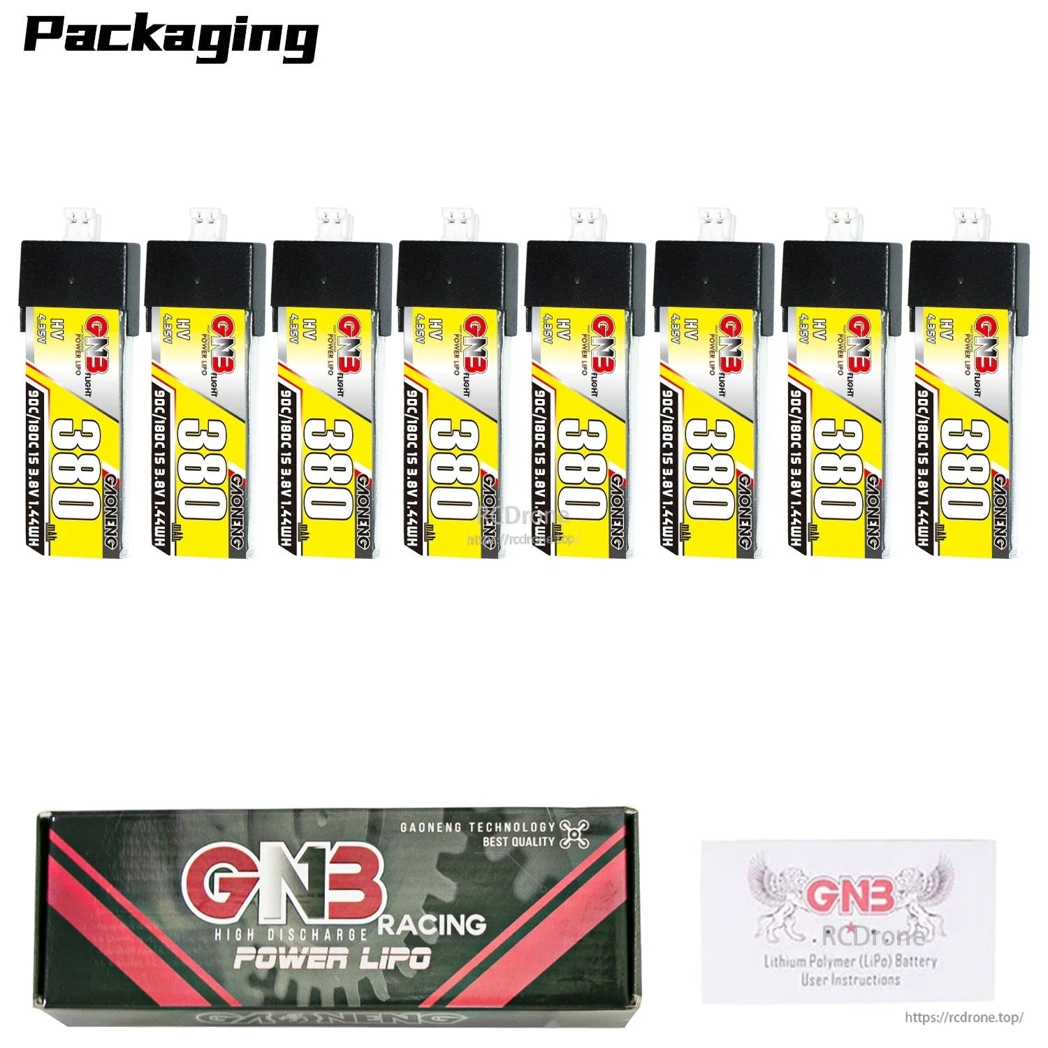 Packaging contents shown: eight 380mAh HV 1S batteries with GNB Racing Power LiPo box and insert card