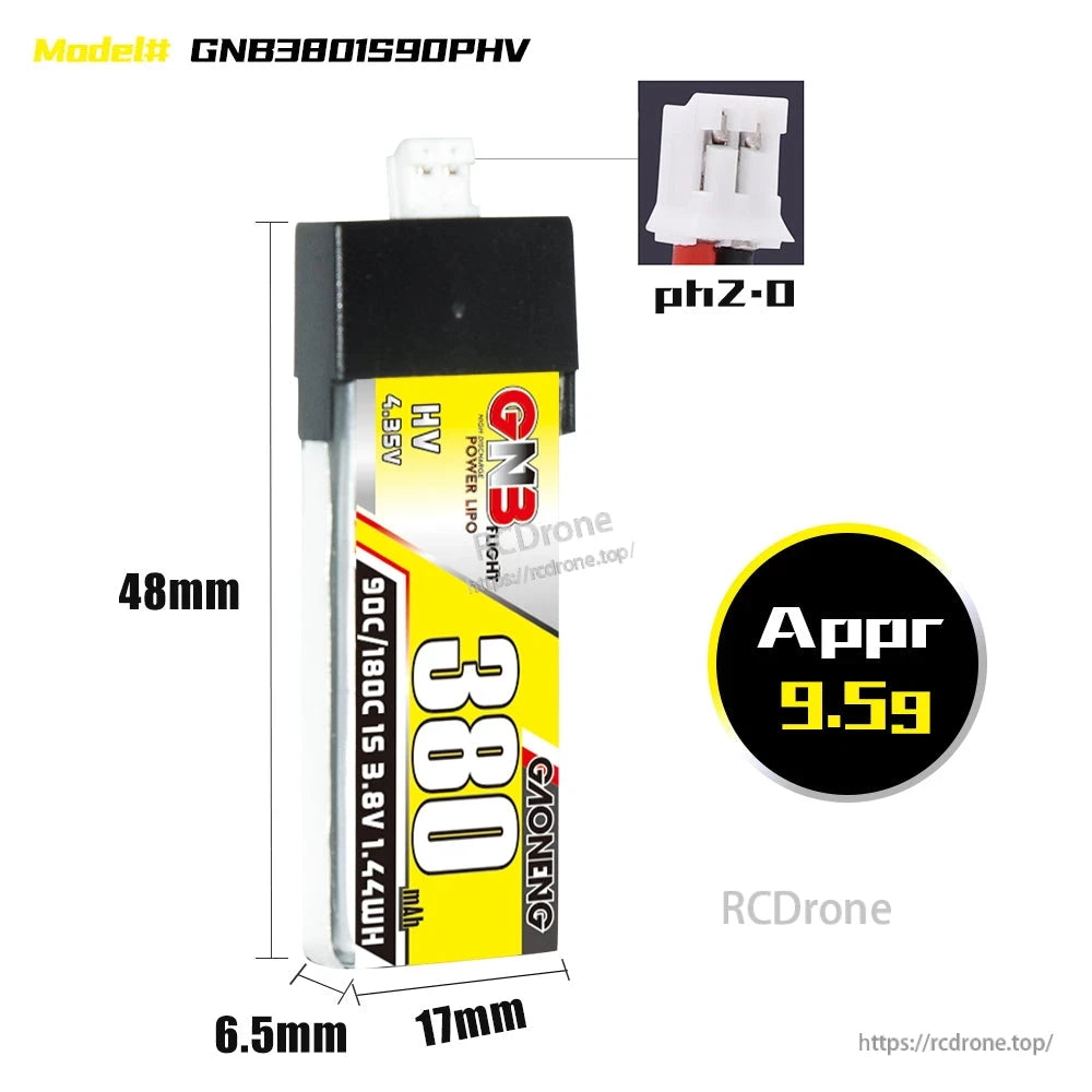 GNB3801S90PHV battery dimensions diagram: 48mm x 17mm x 6.5mm, PH2.0 connector, approx 9.5g