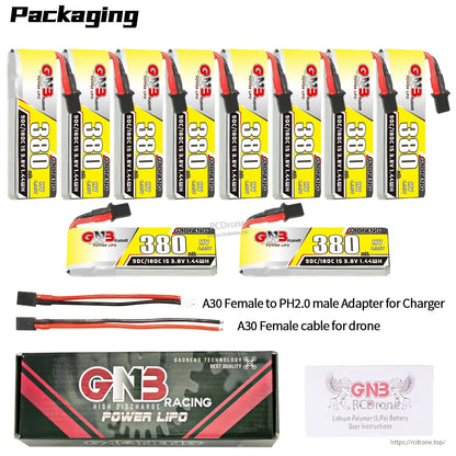 Packaging contents: 10 batteries shown plus GNB box, A30 to PH2.0 charger adapter, and A30 female drone cable