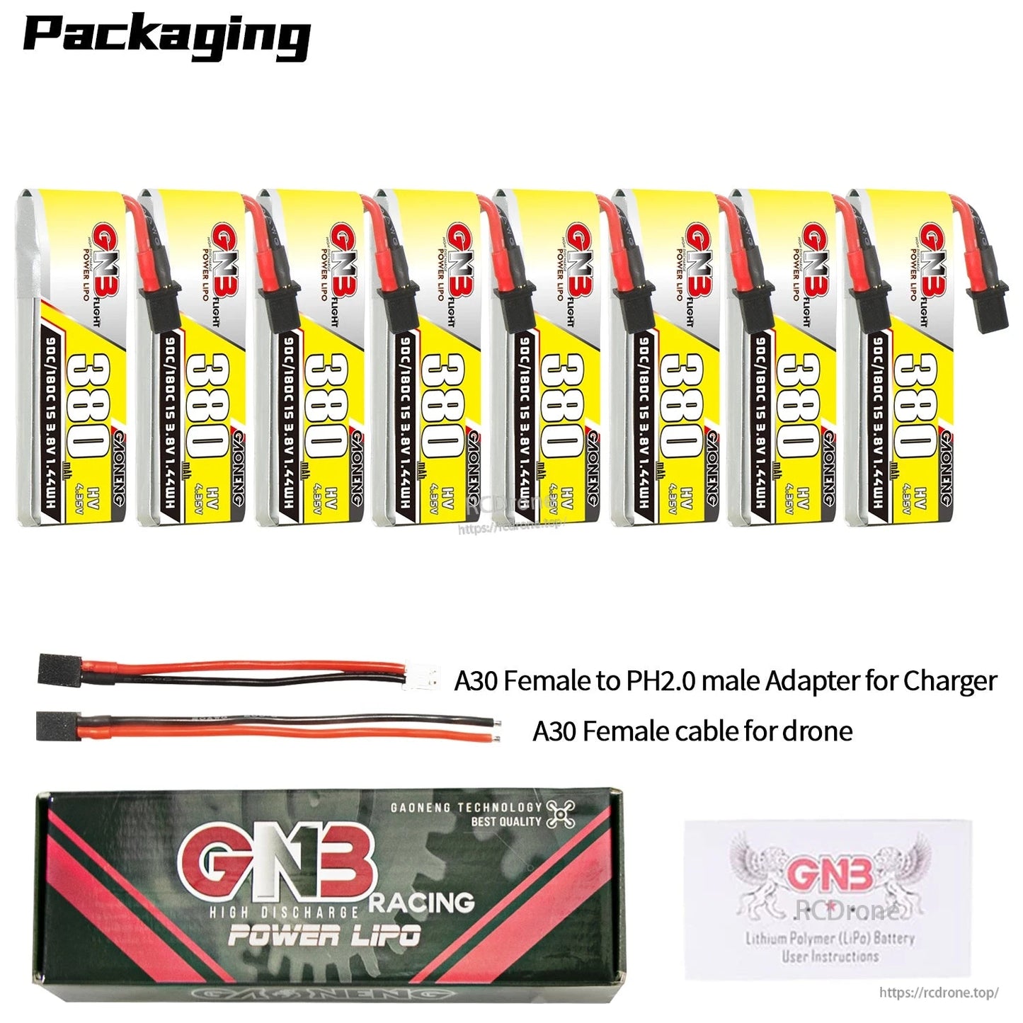 Packaging contents: 8 batteries with GNB box, A30 to PH2.0 charger adapter, and A30 female drone cable